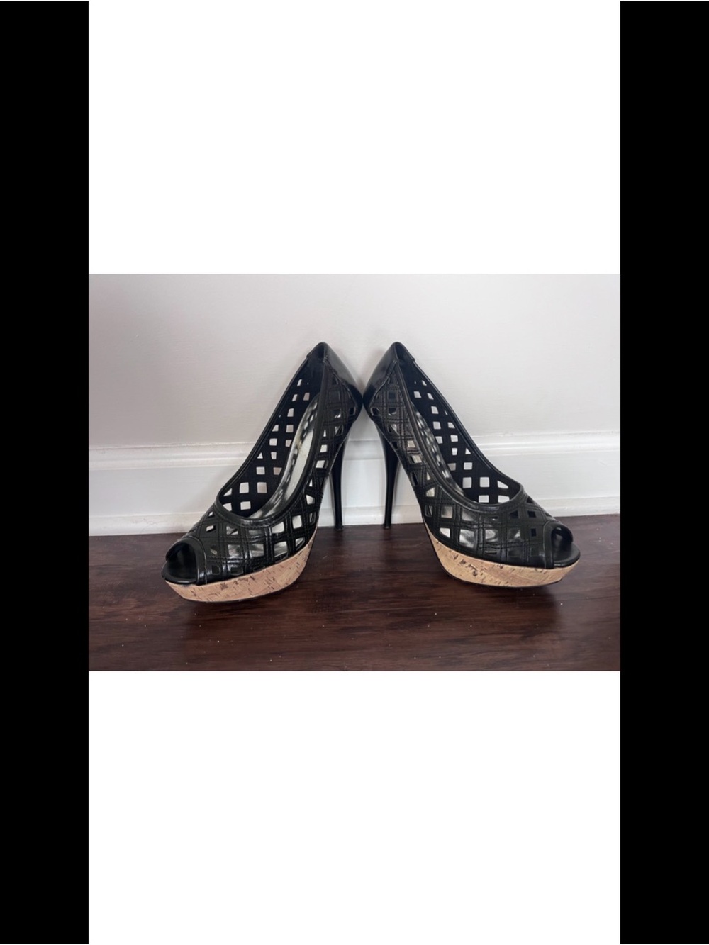 Black Cutout Cork Platform High-Heel Pumps